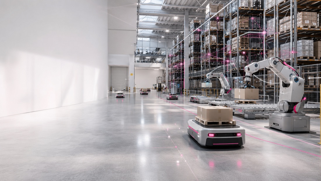 Automated warehouse with robotics and AI-guided inventory movement